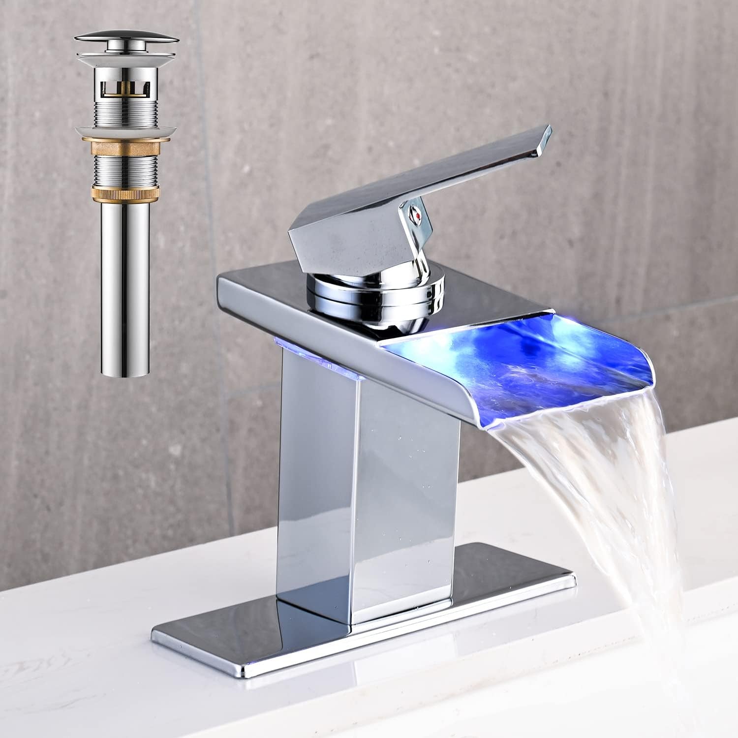 AVSIILE LED Bathroom Sink Faucet, Matte Black Waterfall Single Hole Handle Vanity Faucets for Sinks 1 Hole with Metal Pop up Drain and 2 Water Supply Lines, Open Glass Spout
