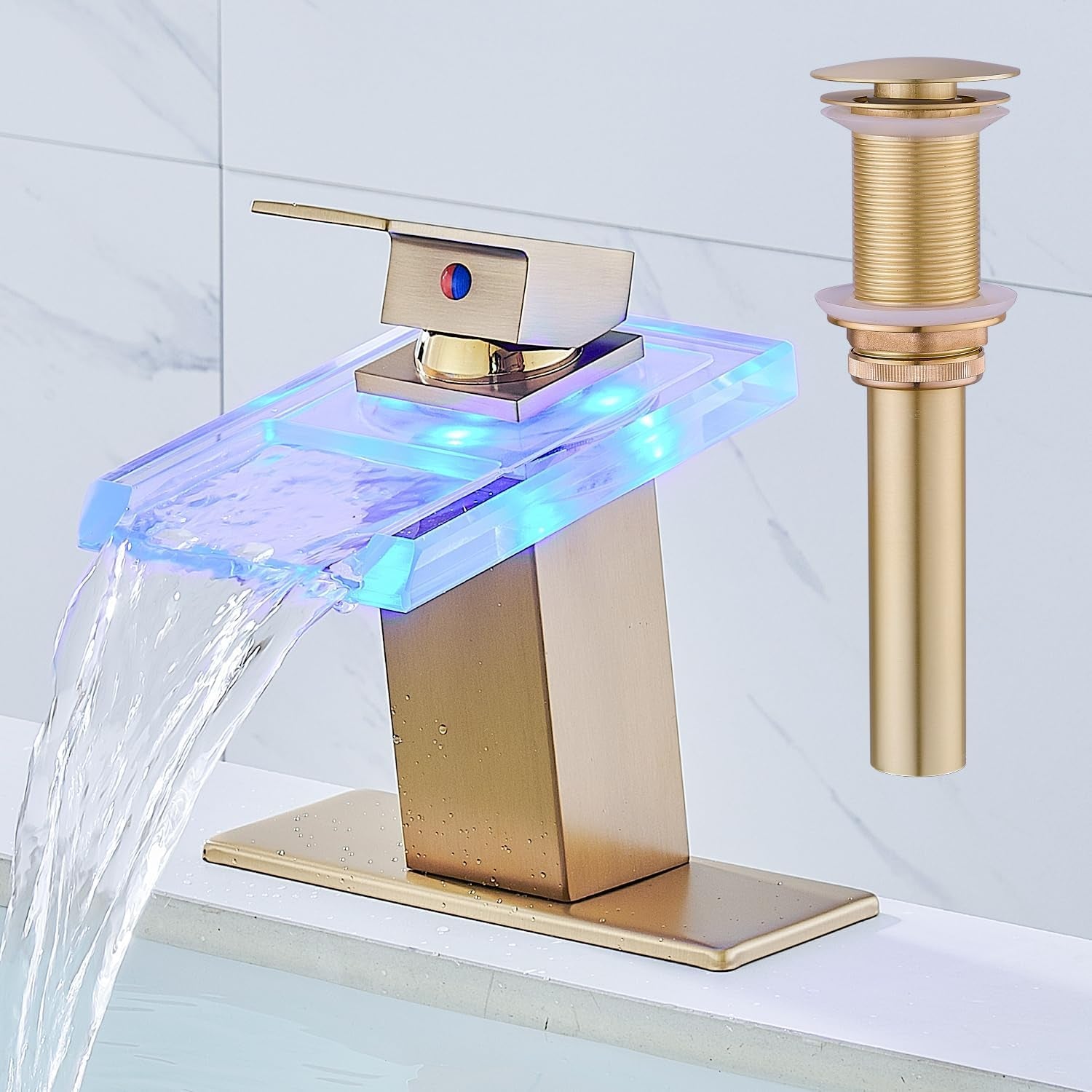 AVSIILE LED Bathroom Sink Faucet, Matte Black Waterfall Single Hole Handle Vanity Faucets for Sinks 1 Hole with Metal Pop up Drain and 2 Water Supply Lines, Open Glass Spout
