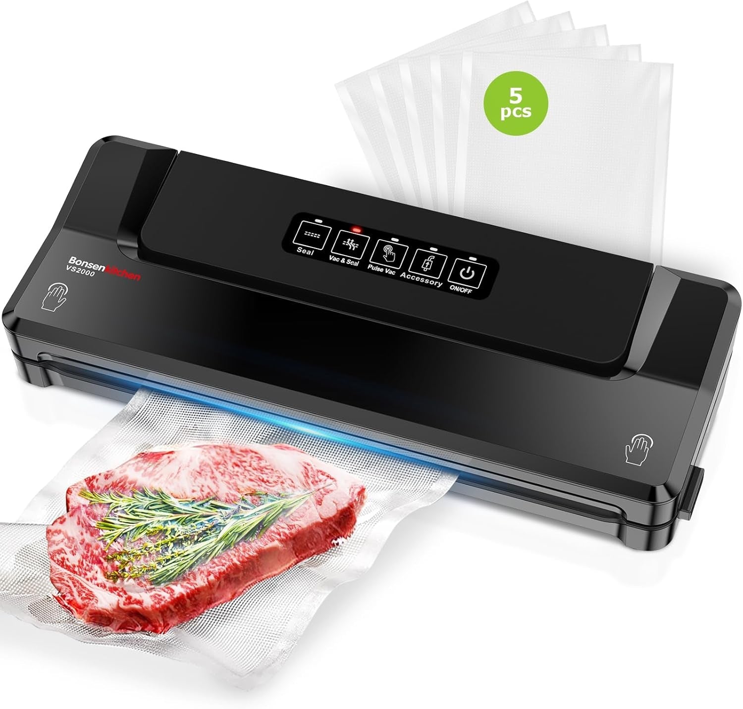 Bonsenkitchen Vacuum Sealer Machine | Compact Food Sealer for Kitchen Storage & Meal Prep | Multiple Modes | External Vacuum System | 5 Bags, Silver
