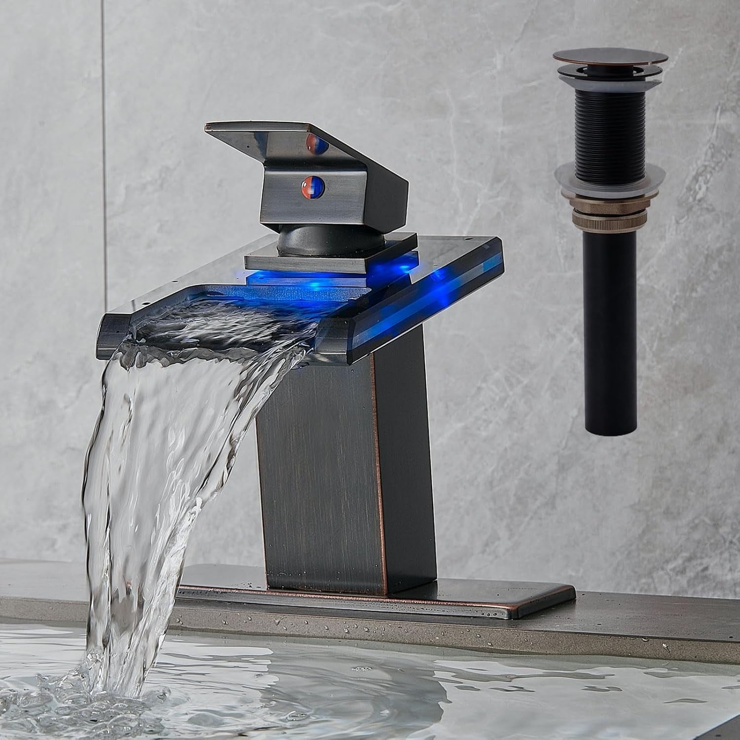 AVSIILE LED Bathroom Sink Faucet, Matte Black Waterfall Single Hole Handle Vanity Faucets for Sinks 1 Hole with Metal Pop up Drain and 2 Water Supply Lines, Open Glass Spout
