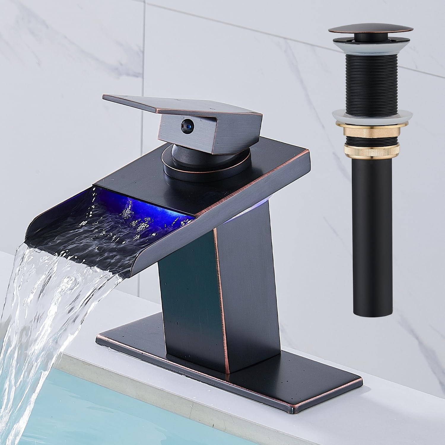AVSIILE LED Bathroom Sink Faucet, Matte Black Waterfall Single Hole Handle Vanity Faucets for Sinks 1 Hole with Metal Pop up Drain and 2 Water Supply Lines, Open Glass Spout