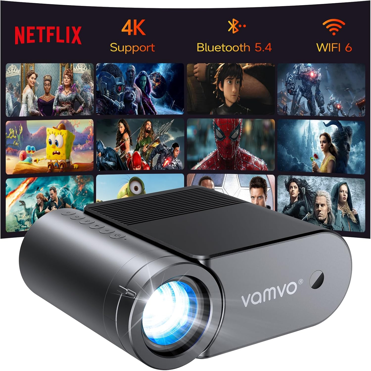Mini Video Projector, Native 1080P Portable Movie Projector with Wifi Bluetooth, Compatible with Smart Phone, TV Stick, PS5, Laptop HDMI USB for Home Theater Indoor Outdoor Movies