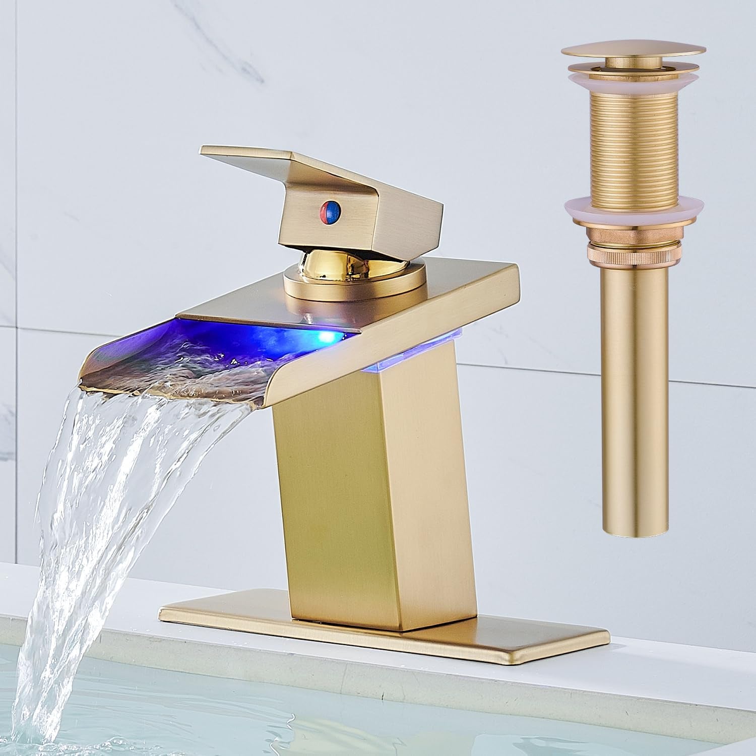 AVSIILE LED Bathroom Sink Faucet, Matte Black Waterfall Single Hole Handle Vanity Faucets for Sinks 1 Hole with Metal Pop up Drain and 2 Water Supply Lines, Open Glass Spout