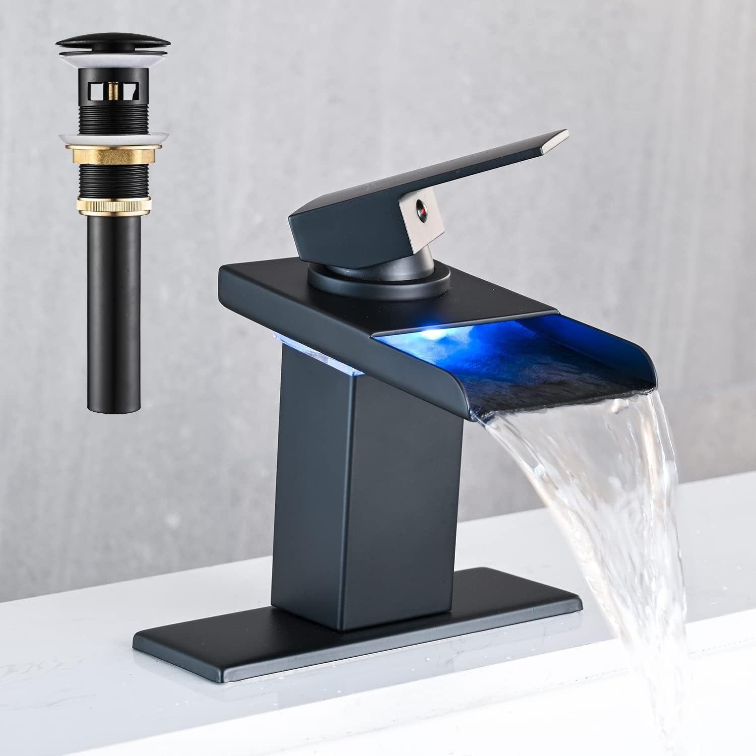AVSIILE LED Bathroom Sink Faucet, Matte Black Waterfall Single Hole Handle Vanity Faucets for Sinks 1 Hole with Metal Pop up Drain and 2 Water Supply Lines, Open Glass Spout