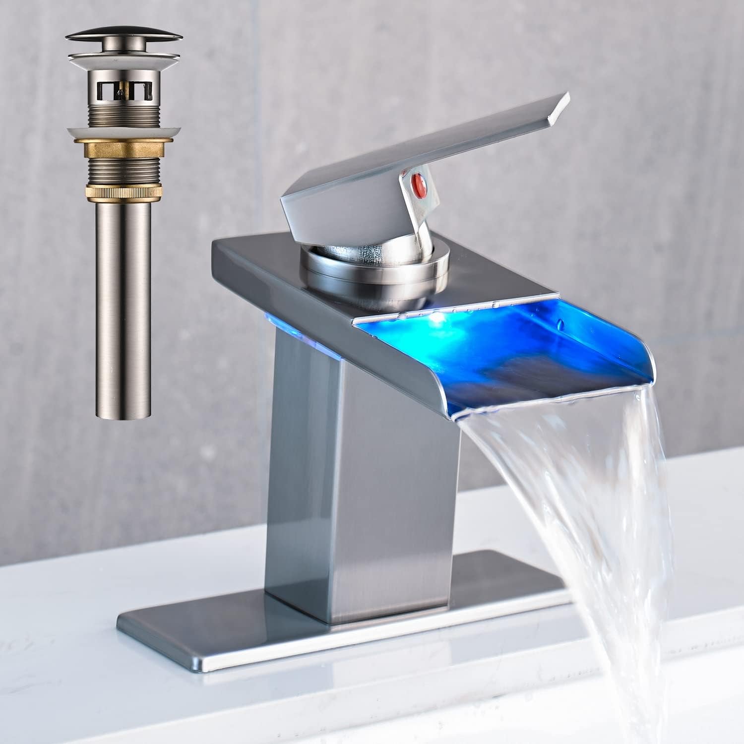 AVSIILE LED Bathroom Sink Faucet, Matte Black Waterfall Single Hole Handle Vanity Faucets for Sinks 1 Hole with Metal Pop up Drain and 2 Water Supply Lines, Open Glass Spout