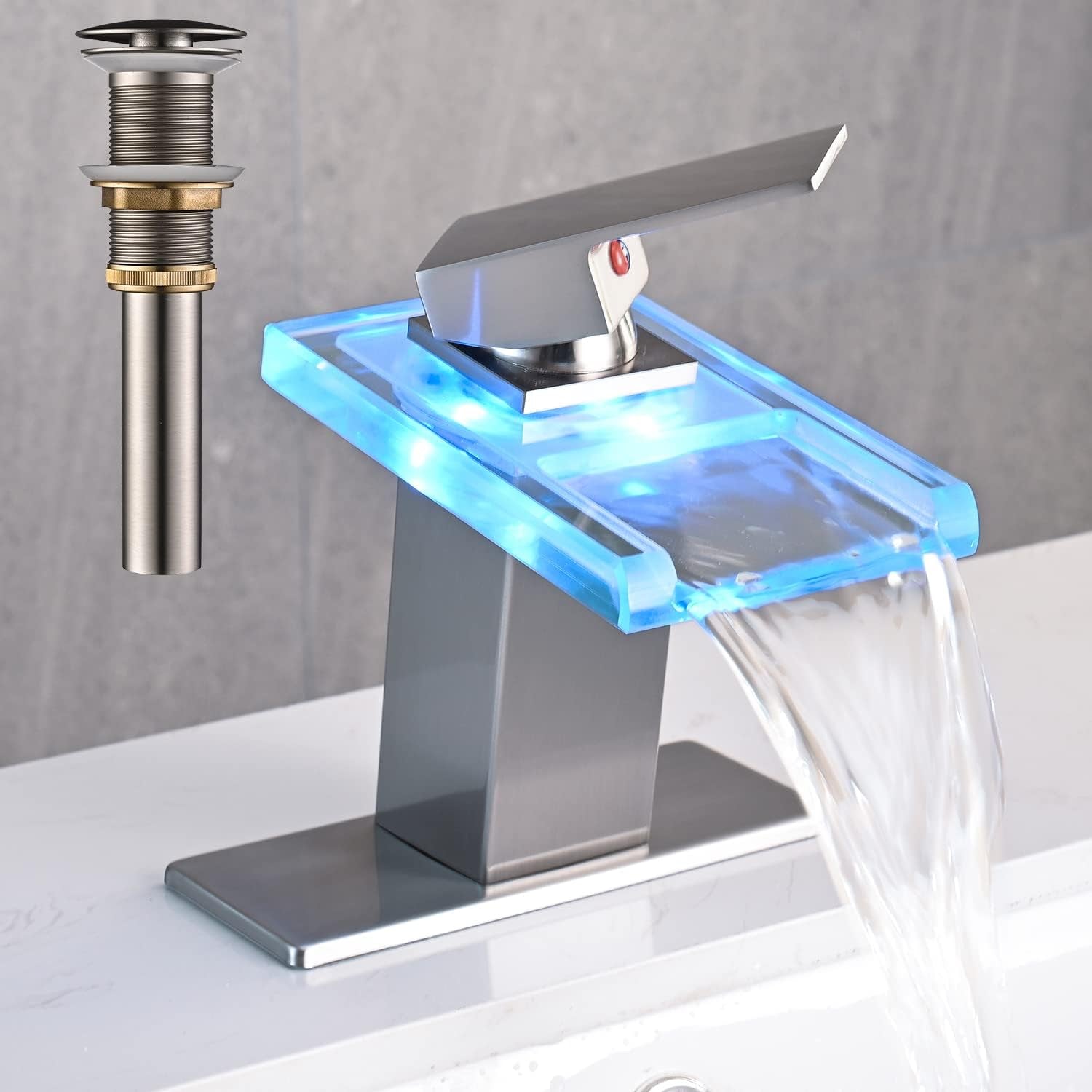 AVSIILE LED Bathroom Sink Faucet, Matte Black Waterfall Single Hole Handle Vanity Faucets for Sinks 1 Hole with Metal Pop up Drain and 2 Water Supply Lines, Open Glass Spout