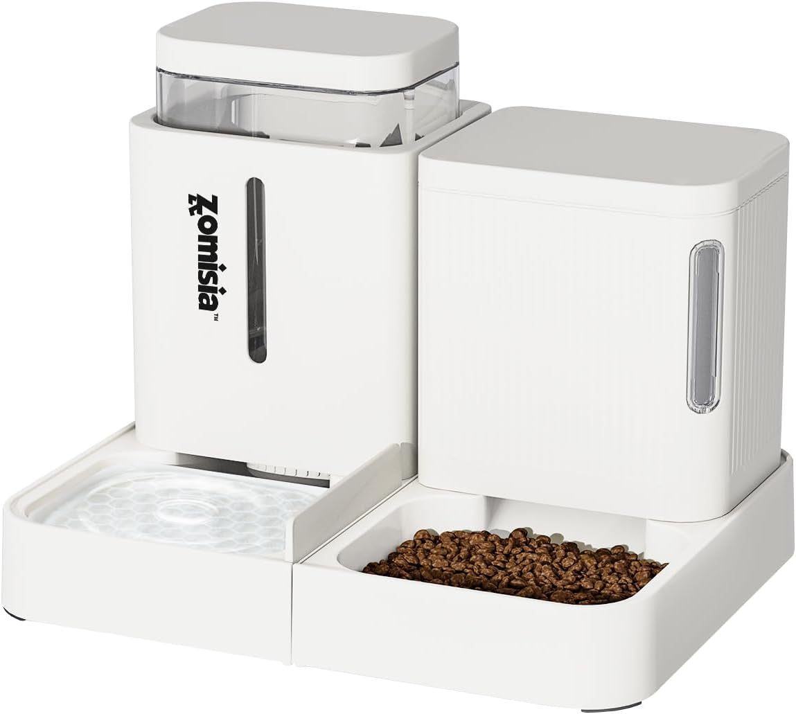 ZOMISIA Automatic Cat Feeder and Water Dispenser Set, 2 in 1 Gravity Cat Food Dispenser with 180 Degree Rotatable, Pet Self Feeding Large Capacity for Small Dogs Puppy Kitten, Black, 0.8 Gallon X 2