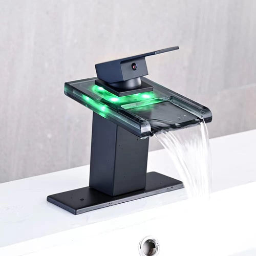 AVSIILE LED Bathroom Sink Faucet, Matte Black Waterfall Single Hole Handle Vanity Faucets for Sinks 1 Hole with Metal Pop up Drain and 2 Water Supply Lines, Open Glass Spout