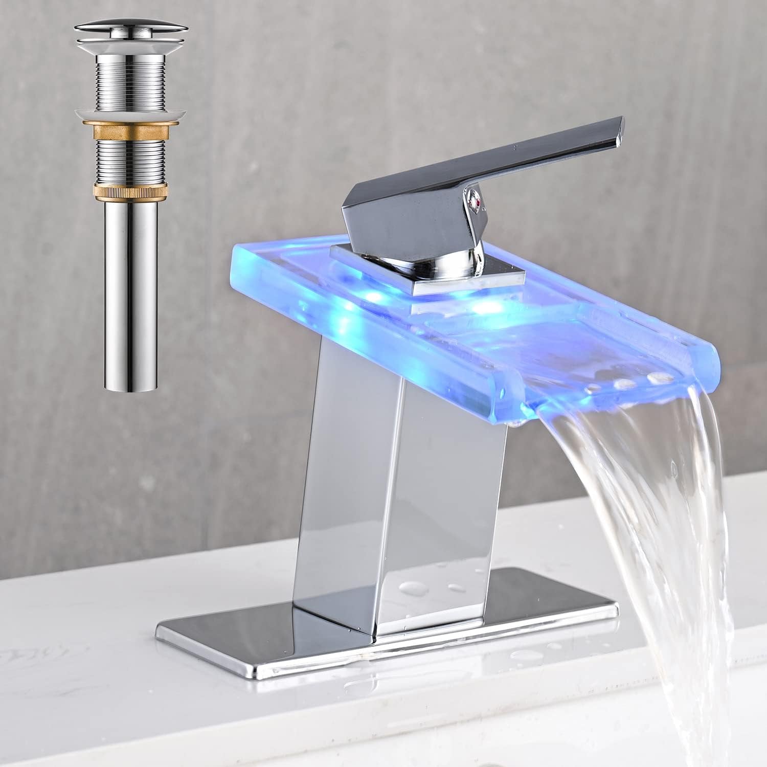 AVSIILE LED Bathroom Sink Faucet, Matte Black Waterfall Single Hole Handle Vanity Faucets for Sinks 1 Hole with Metal Pop up Drain and 2 Water Supply Lines, Open Glass Spout
